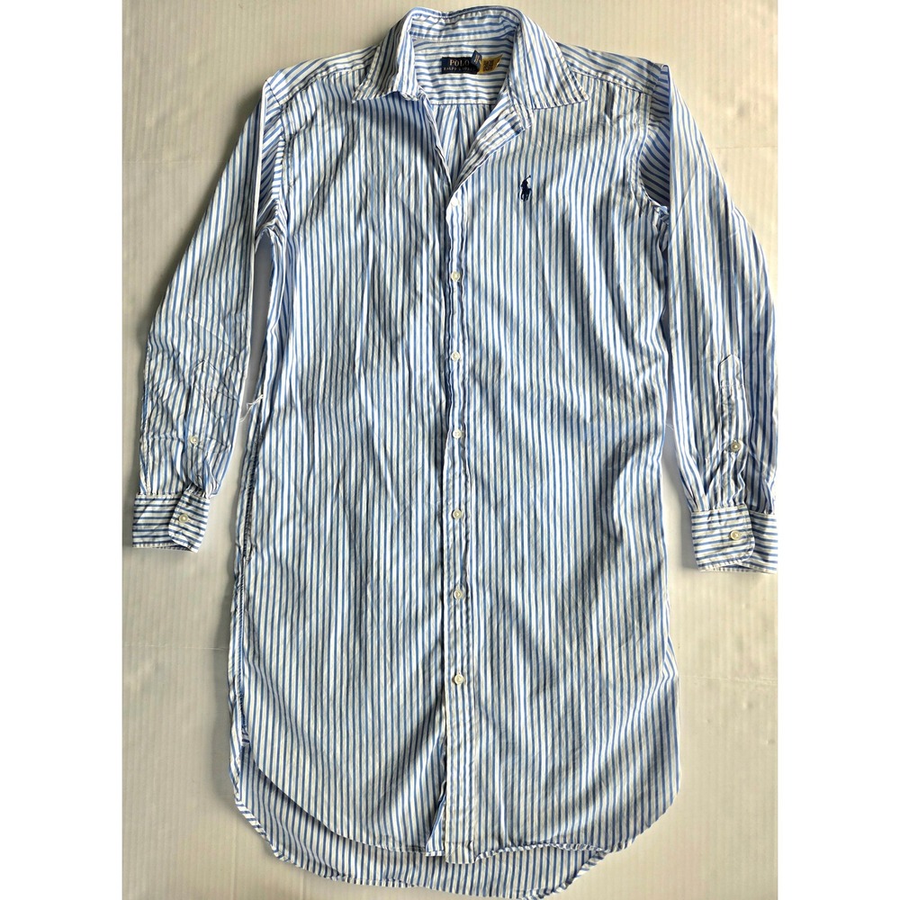 Polo Ralph Lauren Blue White Striped Button Down Shirt Dress Womens 2 L/S
